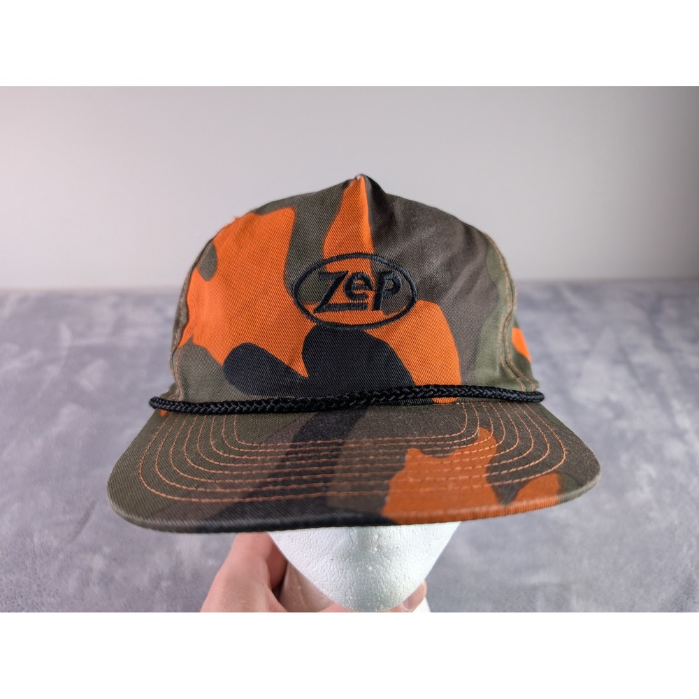 Zep Blaze Orange Camo Snapback Hat Rope Trucker Cap Hunting Fishing Logo Vtg